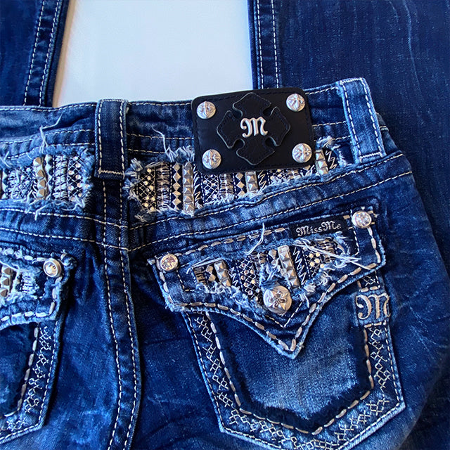 Vintage Y2K Cyber Miss Me Low Waist Flare Jeans with Stud Pocket Details (34-36 EU / 6-8 UK / S)