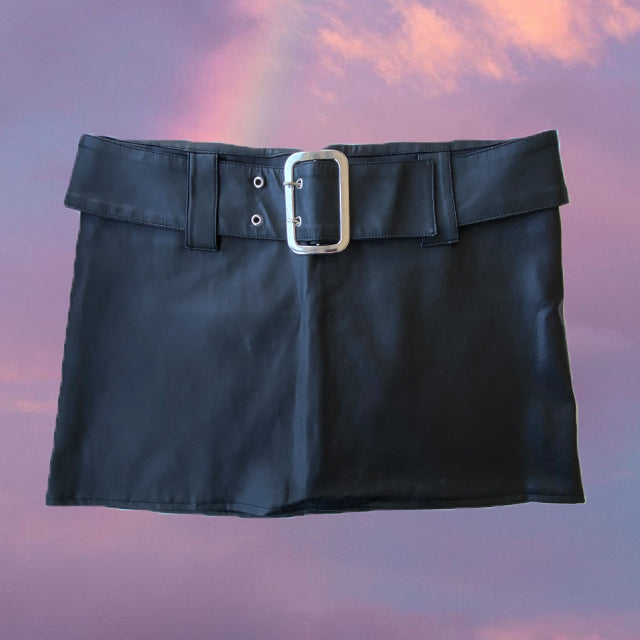 Vintage Y2K Rockstar PU Leather Black Mini Skirt with Buckle (S/M