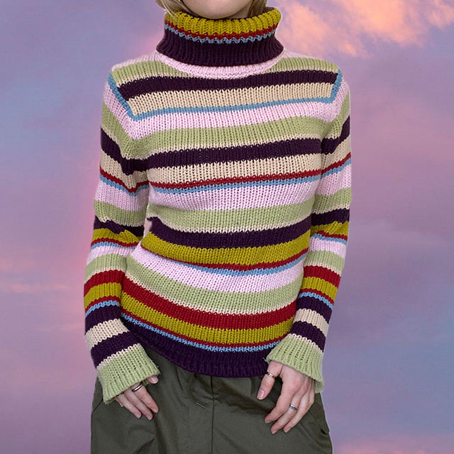 Vintage 90's Rainbow Striped Chunky Knit Rollneck Sweater (Size S/M)