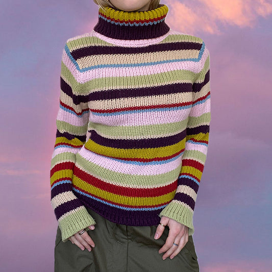 Vintage 90's Rainbow Striped Chunky Knit Rollneck Sweater (Size S/M)