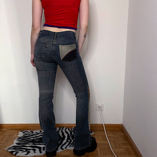 Vintage Y2K Boho Low Waist Flare Jeans with Patchwork Details (S/34 EU/6 UK)