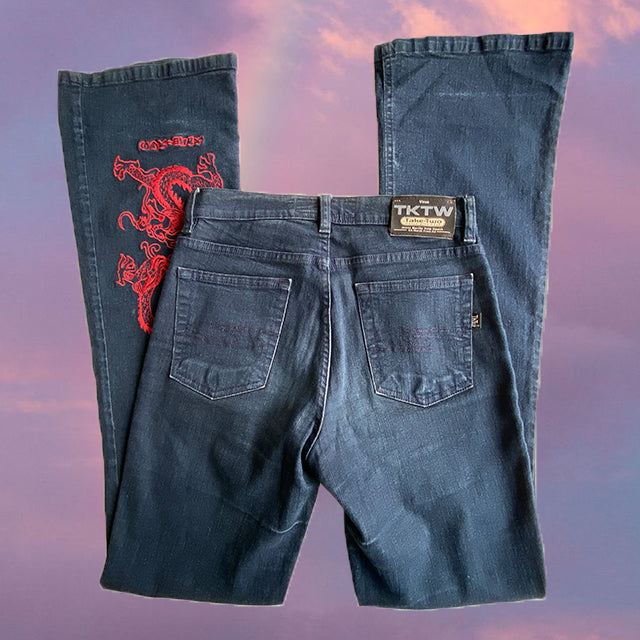 Vintage 90's Low Waist Flare Jeans with Red Dragon Embroidery (36 EU / UK 8 / US 4)