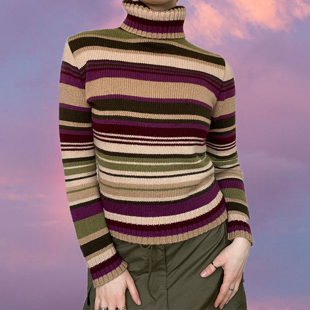 Vintage 90's Green Purple Beige Chunky Knit Striped Rollneck Sweater (S)