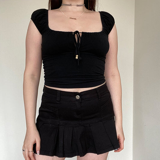 Vintage Y2K Fairy Grunge Pleated Black Denim Skirt (38 EU / 10 UK)