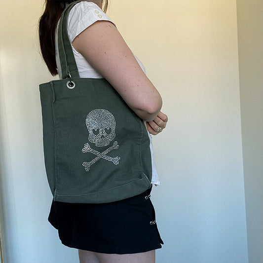 Vintage Y2K Fairy Grunge Khaki Tote Bag with Skull Detail