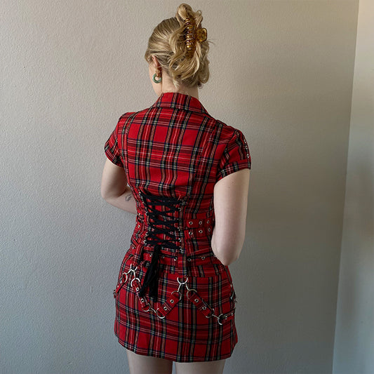 Vintage 90's Goth Plaid Mini Dress with Lace-Up Back (36 EU/UK 8)