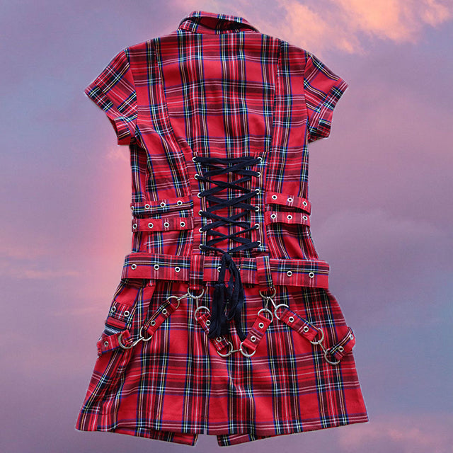 Vintage 90's Goth Plaid Mini Dress with Lace-Up Back (36 EU/UK 8)