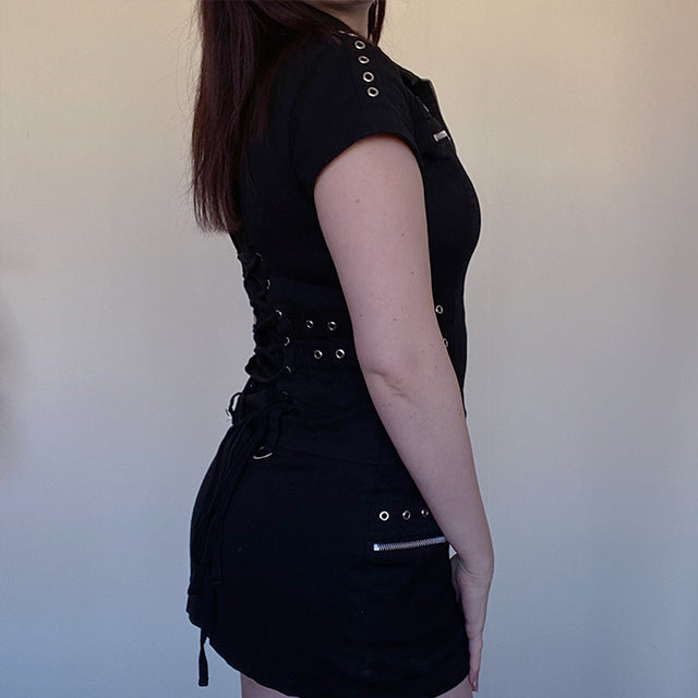 Vintage 90's Cyber Goth Black Mini Dress with Lace-Up Back (34 EU/UK 6 - 36 EU/UK 8)