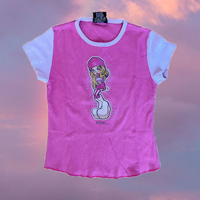Vintage 2000's Skater Pink and White Baby Tee with Skater Girl