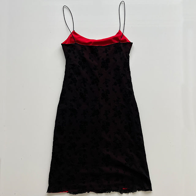 Vintage 90's Witchy Bordeaux Cami Dress with Black Floral Mesh Overlay (S)