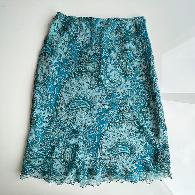 Vintage 90's Hippie Blue Paisley Midi Mesh Skirt (38 EU / UK 10 / US 6)