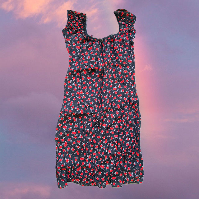 Vintage 90's Romantic Black Floral Milkmaid Dress (38 EU / UK 10 / US 6)