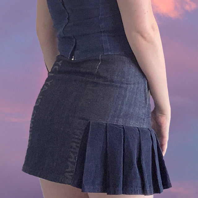 Vintage Y2K "Playboy on the Hunt" Blue Pleated Denim Mini Skirt with Text (S)