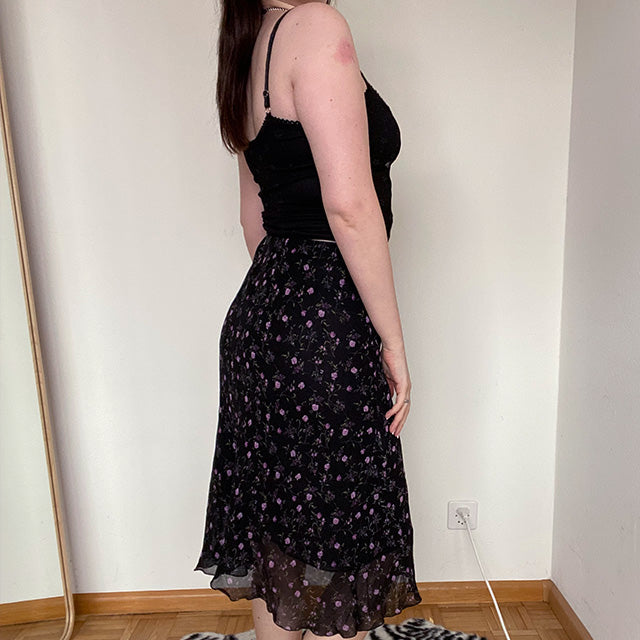 Vintage 90's Witchy Mesh Midi Skirt with Purple Floral Detail (36 EU/UK 8)