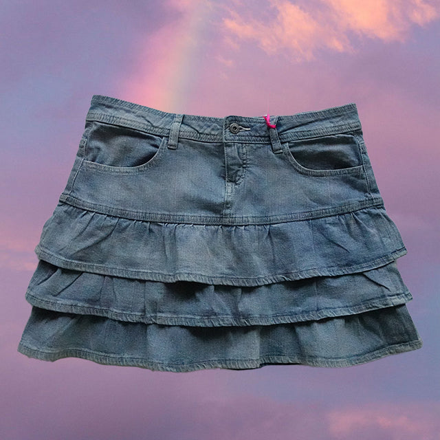 Vintage Y2K Fairy Grunge Ruffle Denim Mini Skirt (36/38 EU - 8/10