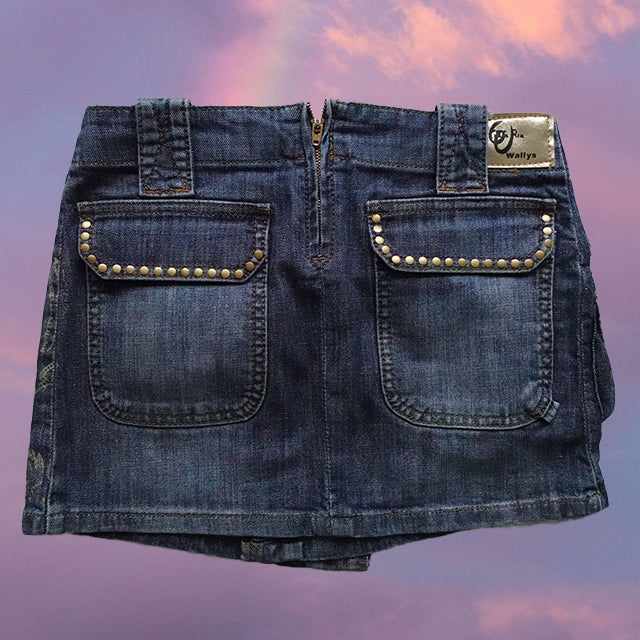 Vintage Y2K Funky Denim Wrap Miniskirt with Cargo Pockets and Graphic Text (XS)