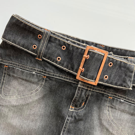 Vintage Y2K Rockstar Black Denim Mini Skirt with Buckle Belt (S)