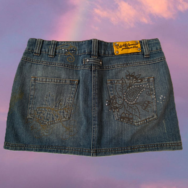 Vintage Y2K Fairy Blue Denim Mini Skirt with Embroidery Details (36 EU - 8 UK)