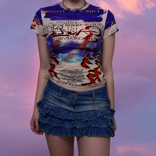 Vintage Y2K Fairy Grunge Ruffle Denim Miniskirt (S - 36 EU - 8 UK)