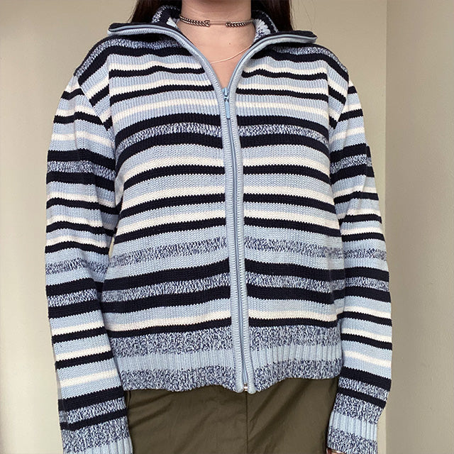 Vintage 90's Skater Striped Chunky Knit Zip Up (S/M Oversized Fit)