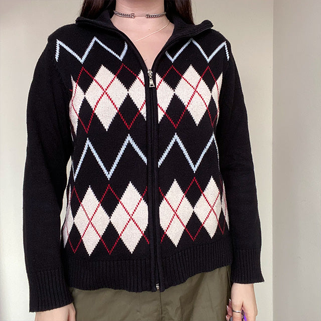 Vintage 90's Skater Argyle Chunky Knit Zip Up (S/M Oversized Fit)