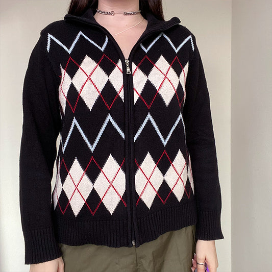 Vintage 90's Skater Argyle Chunky Knit Zip Up (S/M Oversized Fit)