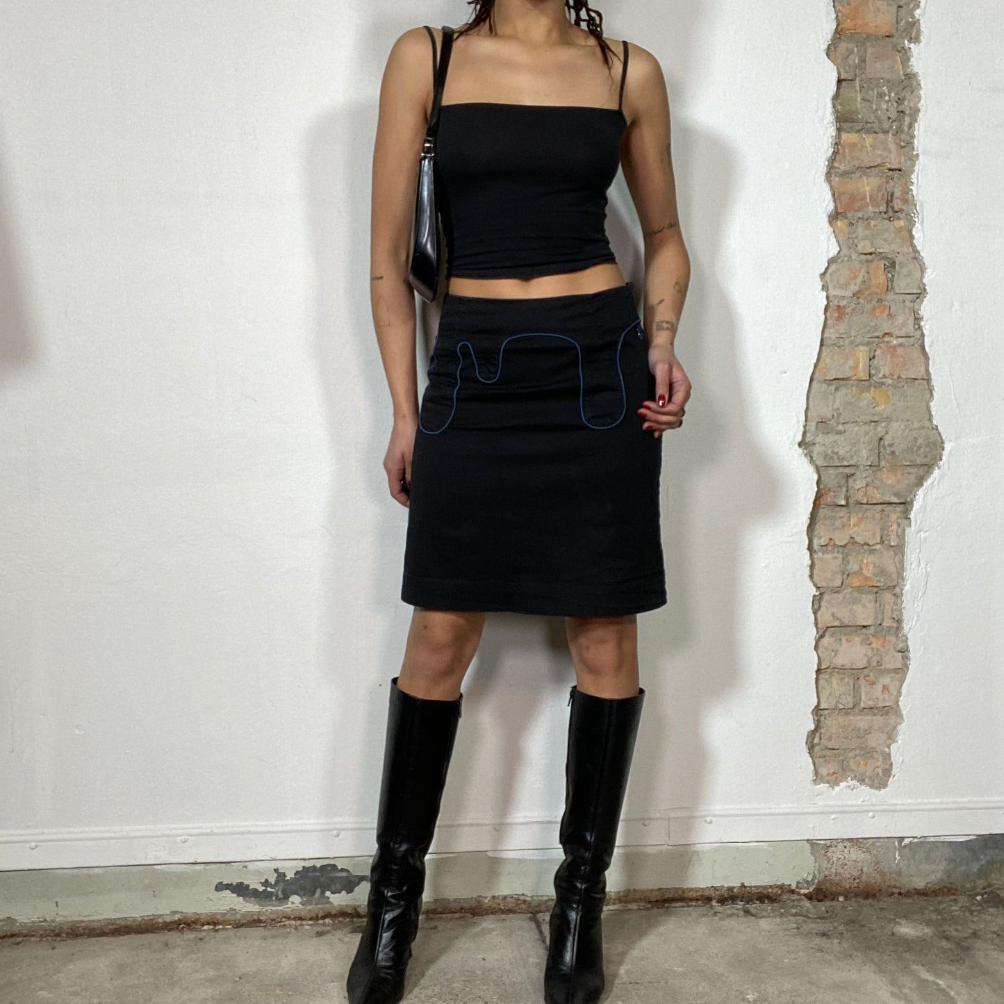 Vintage 2000's Funky Black Midi Skirt with Blue 'Dripping Down' Structure (S)