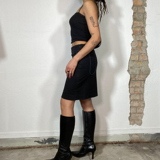 Vintage 2000's Funky Black Midi Skirt with Blue 'Dripping Down' Structure (S)