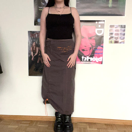 Vintage 90's Archive Khaki Maxi Cargo Skirt with Orange Text Detail (38 EU - 10 UK - 6 US)