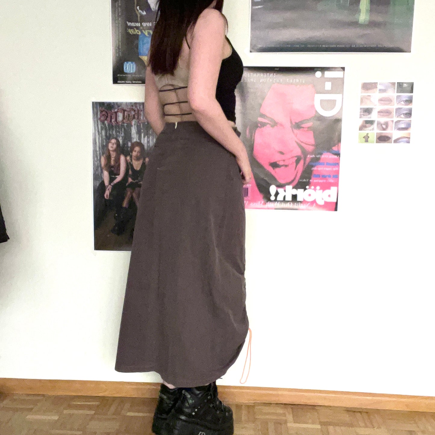 Vintage 90's Archive Khaki Maxi Cargo Skirt with Orange Text Detail (38 EU - 10 UK - 6 US)