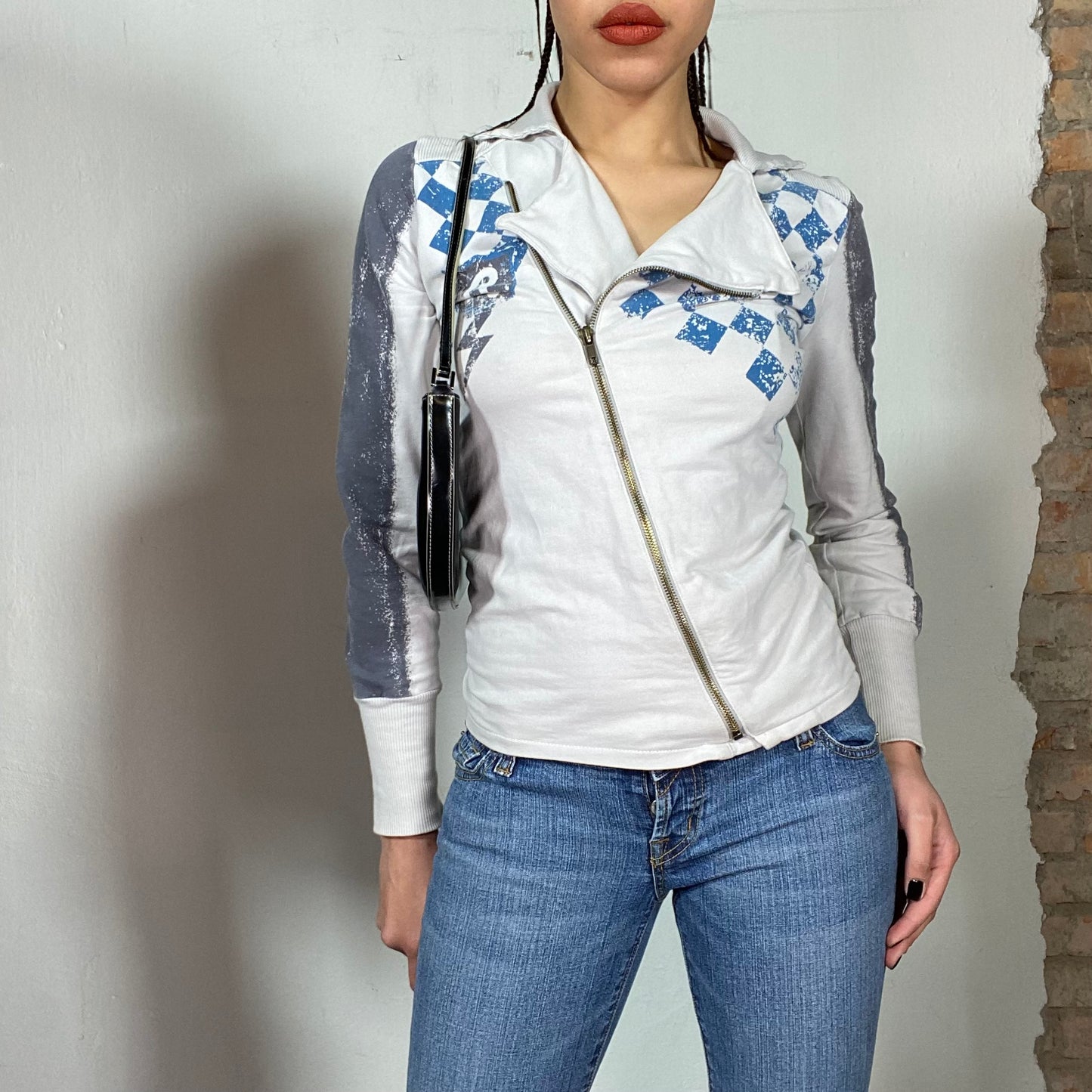 Vintage 90's Bella Hadid Replay White and Grey Racer Asymmetrical Zip Up Sweater (S/M