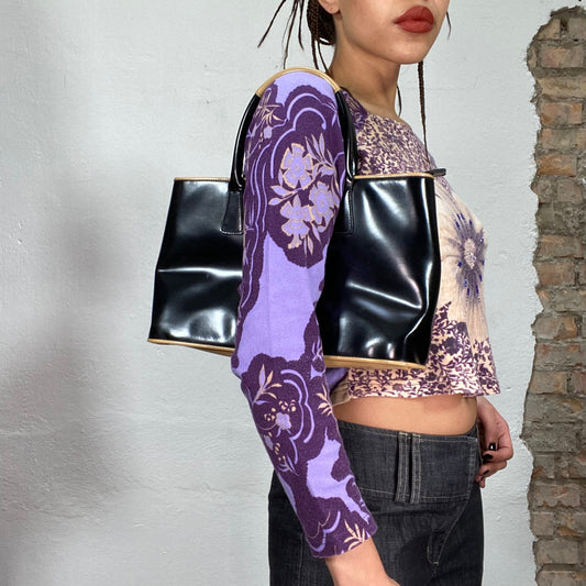 Vintage 2000's Classy Black Glossy Faux Leather Bag with Beige Details