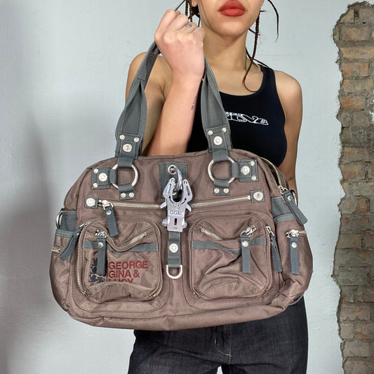Vintage 2000's George Gina & Lucy Brown Bowling Bag with Grey Straps and Details