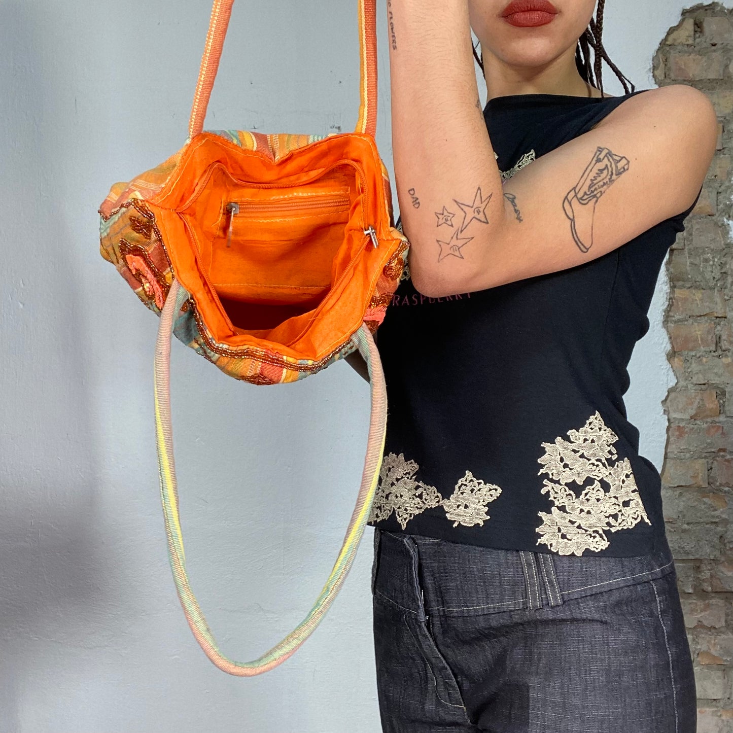 Vintage 2000's Fairy Orange Striped Tote Bag with Beaded Butterfly Details