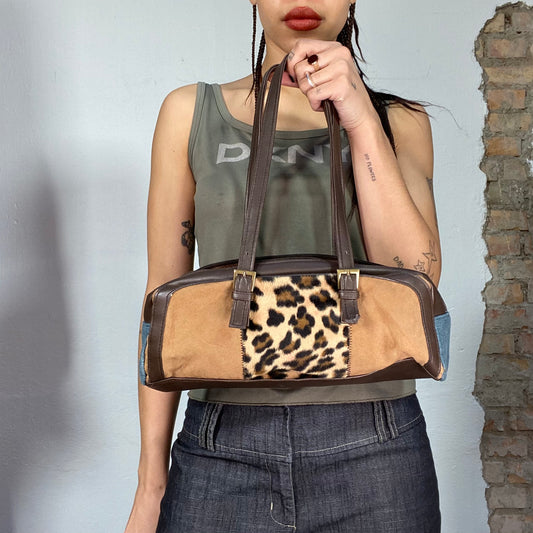 Vintage 2000's Brown Patchwork Shoulder Bag with Leo Print and Denim Details