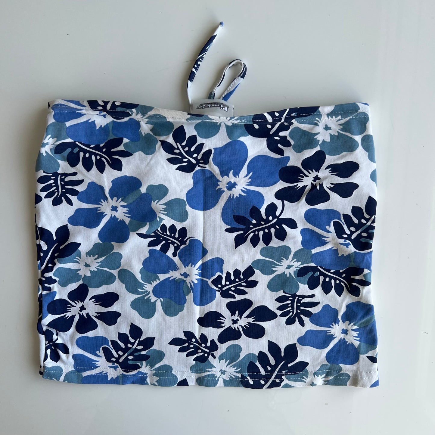 Vintage 90's Summer Hibiscus Blue and White Strapless Top (S)
