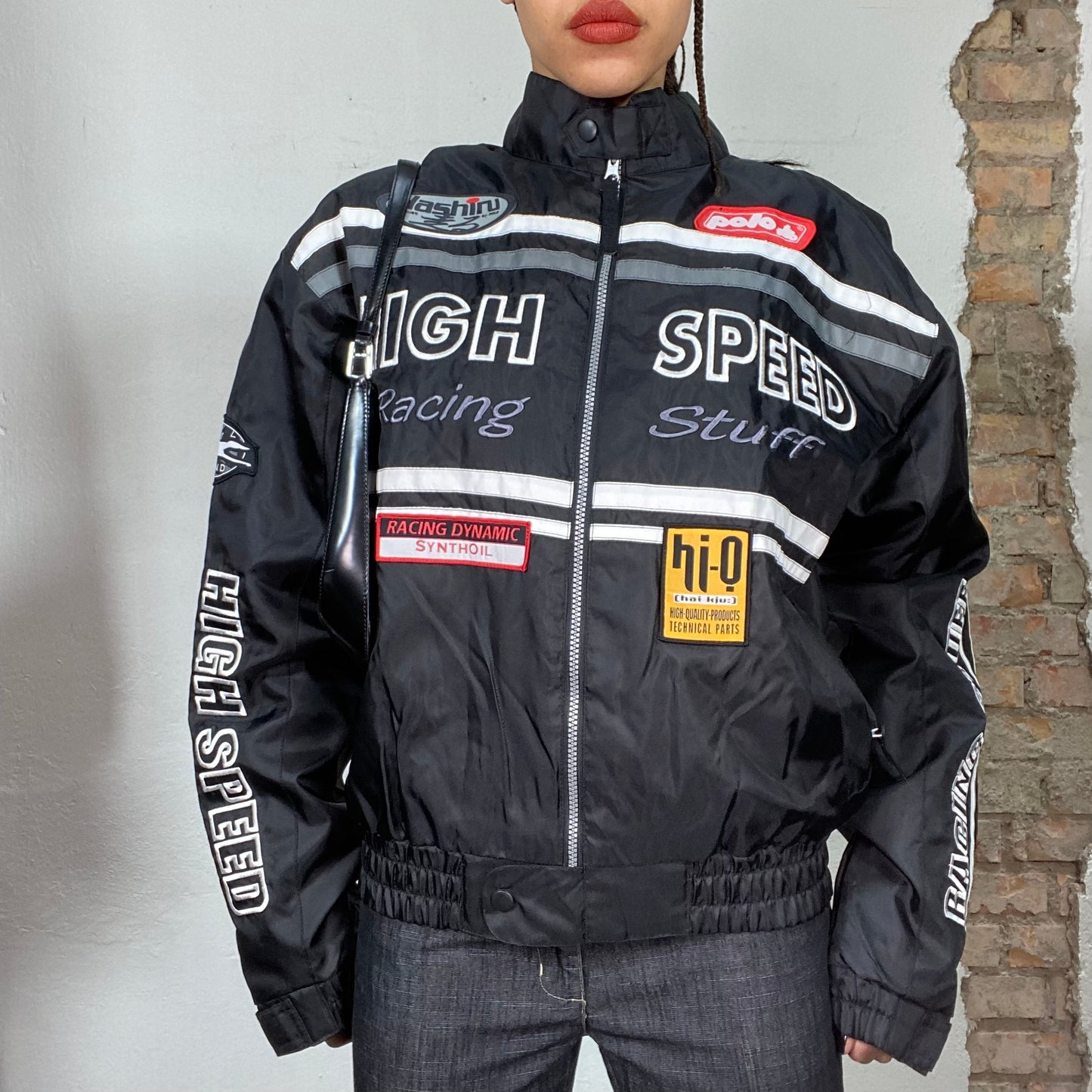 Vintage 2000's Bella Hadid Black Racer Jacket with Numerous Patches (M/L)
