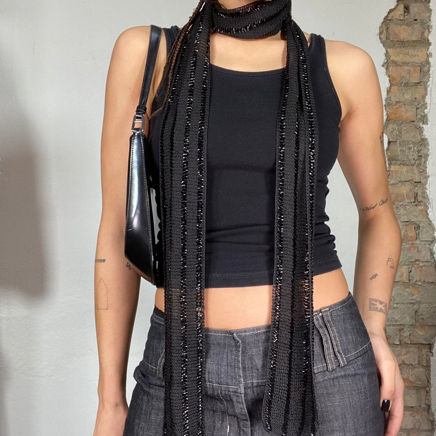 Vintage 2000's Downtown Girl Black Skinny Scarf with Sequin Stripes
