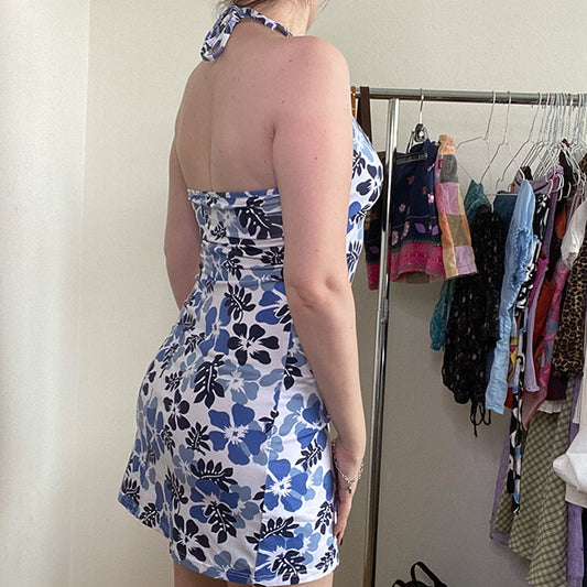 Vintage Y2K Blue Hibiscus Halter Dress (36/38)