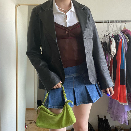 Vintage 90s Oversized Black Leather Blazer Jacket (38)