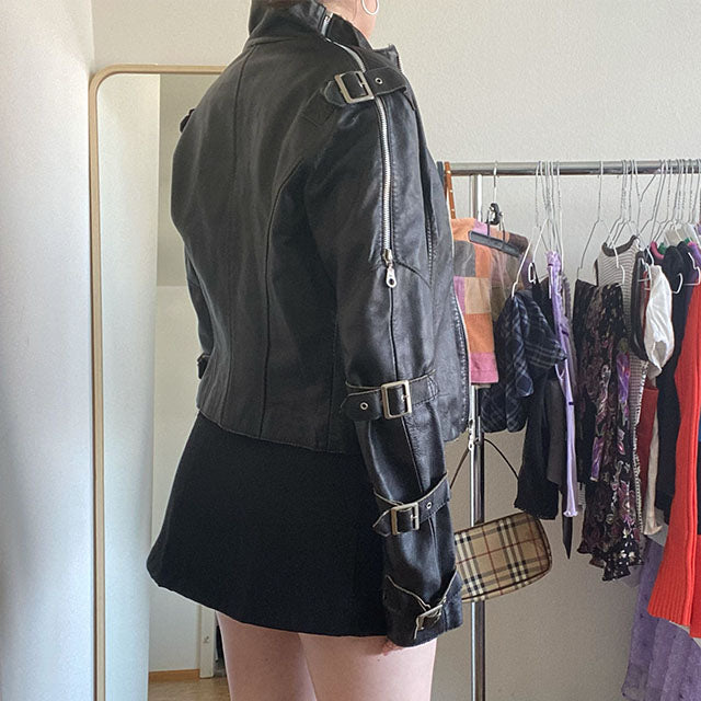 Vintage 90s Cropped Black Leather Jacket (36)