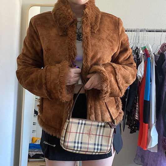 Vintage 90s Fur Trim Tan Jacket (L)