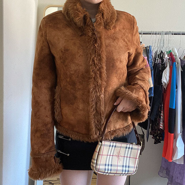 Vintage 90s Fur Trim Tan Jacket (L)