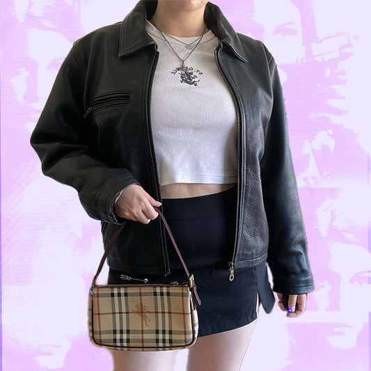 Vintage 90s Black Boxy Leather Jacket (XS - oversize fit)