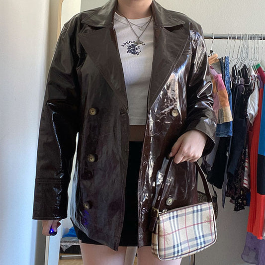 Vintage 90's Style Dark Red Patent Leather Oversized Blazer (XS)