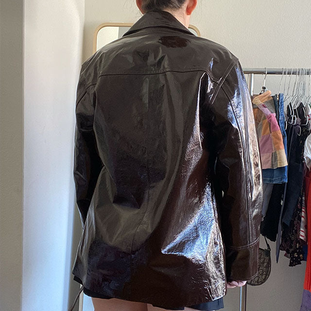 Vintage 90's Style Dark Red Patent Leather Oversized Blazer (XS)