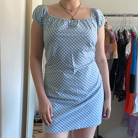 Vintage 90's Benetton Baby Blue Gingham Dress (L)