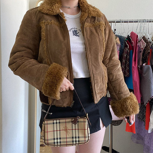 Vintage 90s Vegan Brown Furry Trim Jacket (M)