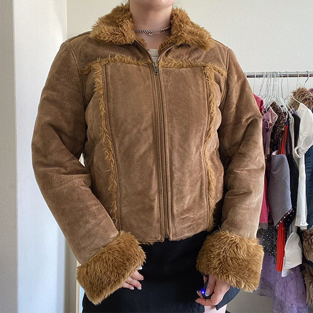 Vintage 90s Vegan Brown Furry Trim Jacket (M)