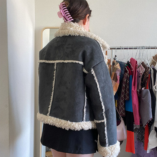 Vegan Green and Cream Vegan Furry Trim Jacket (S)